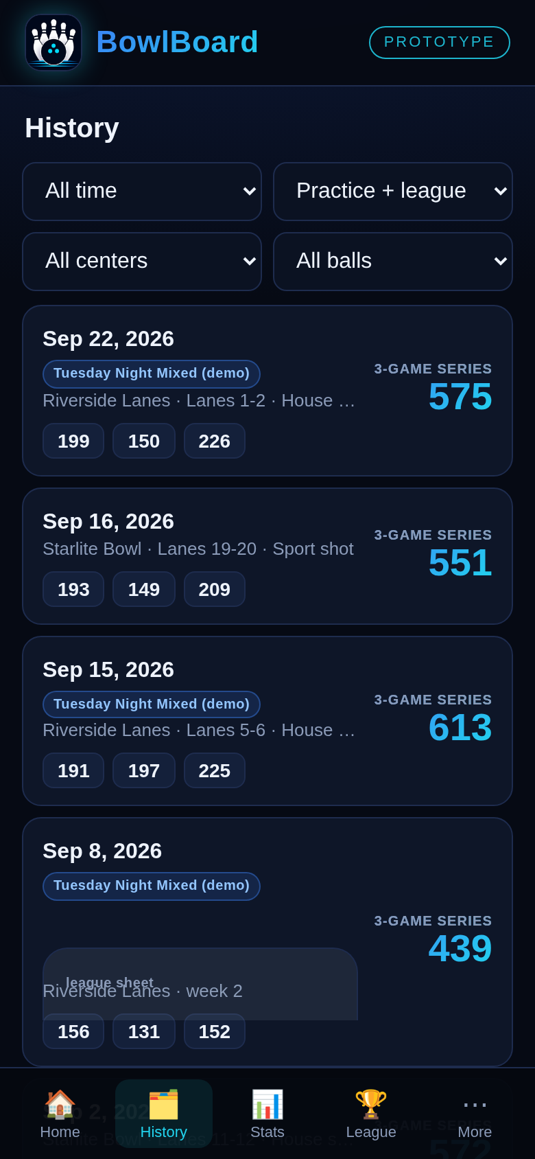 BowlBoard game history with series totals