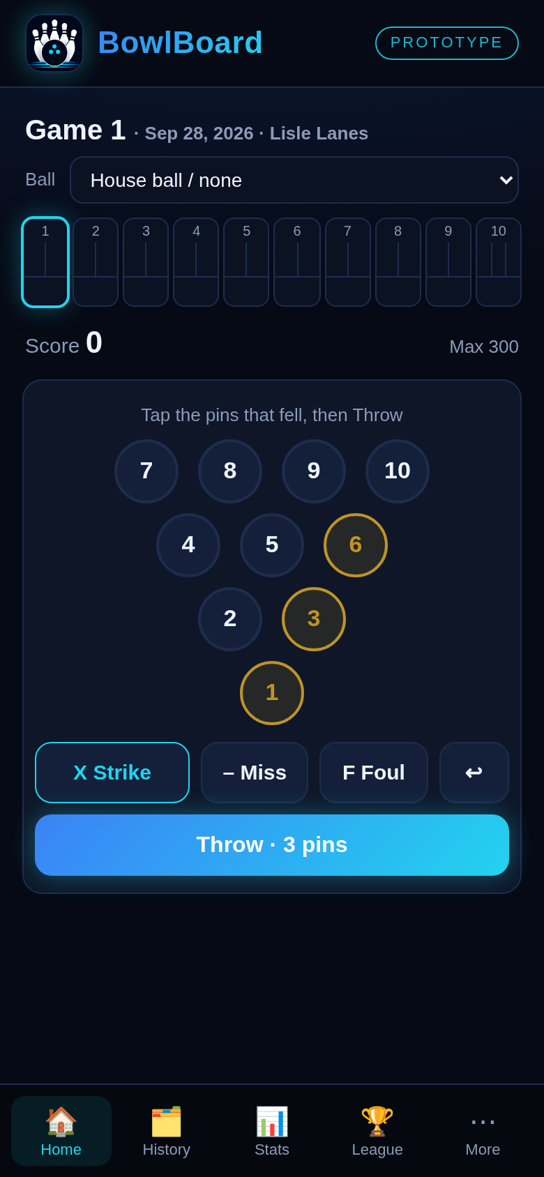 BowlBoard pin-by-pin scoring screen
